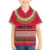 Maldives Tribal Heritage Red Family Matching Off The Shoulder Long Sleeve Dress and Hawaiian Shirt with Cultural Geometric Pattern and Island Flag Print
