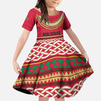 Maldives Tribal Heritage Red Family Matching Off Shoulder Maxi Dress and Hawaiian Shirt with Cultural Geometric Pattern and Island Flag Print