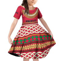 Maldives Tribal Heritage Red Family Matching Off Shoulder Short Dress and Hawaiian Shirt with Cultural Geometric Pattern and Island Flag Print