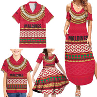 Maldives Tribal Heritage Red Family Matching Summer Maxi Dress and Hawaiian Shirt with Cultural Geometric Pattern and Island Flag Print