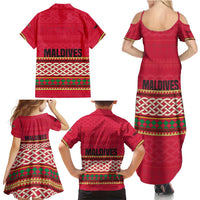 Maldives Tribal Heritage Red Family Matching Summer Maxi Dress and Hawaiian Shirt with Cultural Geometric Pattern and Island Flag Print