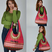 Maldives Tribal Heritage Red Grocery Bag with Cultural Geometric Pattern and Island Flag Print