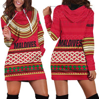 Maldives Tribal Heritage Red Hoodie Dress with Cultural Geometric Pattern and Island Flag Print