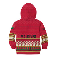 Maldives Tribal Heritage Red Kid Hoodie with Cultural Geometric Pattern and Island Flag Print