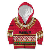 Maldives Tribal Heritage Red Kid Hoodie with Cultural Geometric Pattern and Island Flag Print