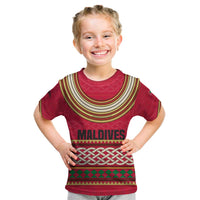 Maldives Tribal Heritage Red Kid T Shirt with Cultural Geometric Pattern and Island Flag Print