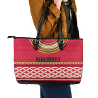 Maldives Tribal Heritage Red Leather Tote Bag with Cultural Geometric Pattern and Island Flag Print