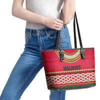 Maldives Tribal Heritage Red Leather Tote Bag with Cultural Geometric Pattern and Island Flag Print