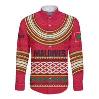 Maldives Tribal Heritage Red Long Sleeve Button Shirt with Cultural Geometric Pattern and Island Flag Print