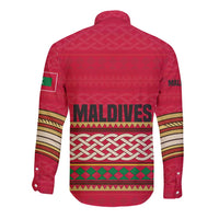 Maldives Tribal Heritage Red Long Sleeve Button Shirt with Cultural Geometric Pattern and Island Flag Print