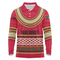 Maldives Tribal Heritage Red Long Sleeve Polo Shirt with Cultural Geometric Pattern and Island Flag Print