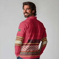 Maldives Tribal Heritage Red Long Sleeve Polo Shirt with Cultural Geometric Pattern and Island Flag Print