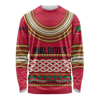 Maldives Tribal Heritage Red Long Sleeve Shirt with Cultural Geometric Pattern and Island Flag Print