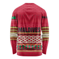 Maldives Tribal Heritage Red Long Sleeve Shirt with Cultural Geometric Pattern and Island Flag Print