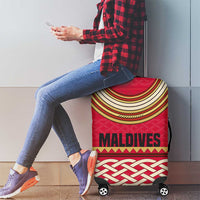 Maldives Tribal Heritage Red Luggage Cover with Cultural Geometric Pattern and Island Flag Print