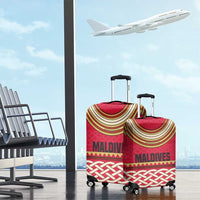 Maldives Tribal Heritage Red Luggage Cover with Cultural Geometric Pattern and Island Flag Print