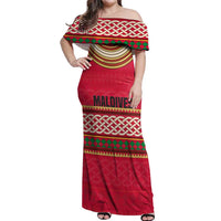 Maldives Tribal Heritage Red Off Shoulder Maxi Dress with Cultural Geometric Pattern and Island Flag Print