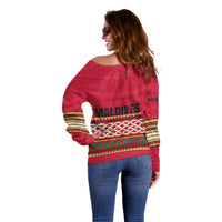 Maldives Tribal Heritage Red Off Shoulder Sweater with Cultural Geometric Pattern and Island Flag Print