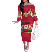 Maldives Tribal Heritage Red Off The Shoulder Long Sleeve Dress with Cultural Geometric Pattern and Island Flag Print