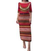 Maldives Tribal Heritage Red Puletasi with Cultural Geometric Pattern and Island Flag Print