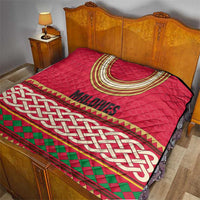 Maldives Tribal Heritage Red Quilt with Cultural Geometric Pattern and Island Flag Print