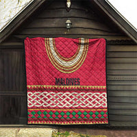 Maldives Tribal Heritage Red Quilt with Cultural Geometric Pattern and Island Flag Print