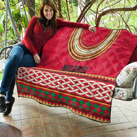 Maldives Tribal Heritage Red Quilt with Cultural Geometric Pattern and Island Flag Print