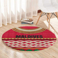 Maldives Tribal Heritage Red Round Carpet with Cultural Geometric Pattern and Island Flag Print