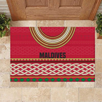 Maldives Tribal Heritage Red Rubber Doormat with Cultural Geometric Pattern and Island Flag Print