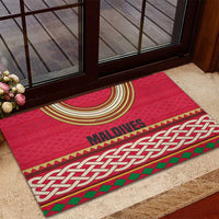 Maldives Tribal Heritage Red Rubber Doormat with Cultural Geometric Pattern and Island Flag Print