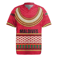 Maldives Tribal Heritage Red Rugby Jersey with Cultural Geometric Pattern and Island Flag Print