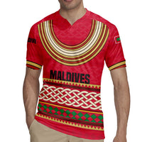 Maldives Tribal Heritage Red Rugby Jersey with Cultural Geometric Pattern and Island Flag Print