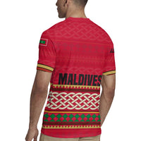Maldives Tribal Heritage Red Rugby Jersey with Cultural Geometric Pattern and Island Flag Print