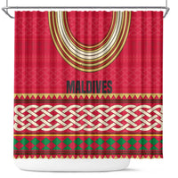 Maldives Tribal Heritage Red Shower Curtain with Cultural Geometric Pattern and Island Flag Print