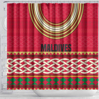 Maldives Tribal Heritage Red Shower Curtain with Cultural Geometric Pattern and Island Flag Print