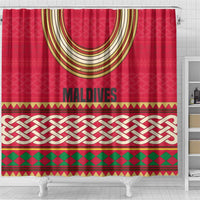 Maldives Tribal Heritage Red Shower Curtain with Cultural Geometric Pattern and Island Flag Print