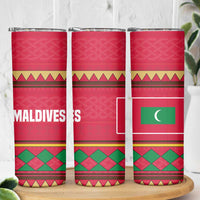 Maldives Tribal Heritage Red Skinny Tumbler with Cultural Geometric Pattern and Island Flag Print