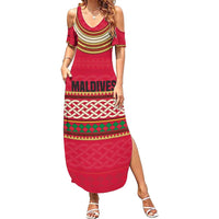 Maldives Tribal Heritage Red Summer Maxi Dress with Cultural Geometric Pattern and Island Flag Print