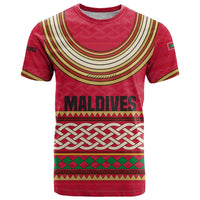 Maldives Tribal Heritage Red T Shirt with Cultural Geometric Pattern and Island Flag Print