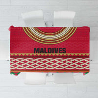 Maldives Tribal Heritage Red Tablecloth with Cultural Geometric Pattern and Island Flag Print