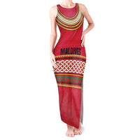 Maldives Tribal Heritage Red Tank Maxi Dress with Cultural Geometric Pattern and Island Flag Print