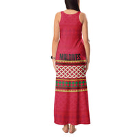 Maldives Tribal Heritage Red Tank Maxi Dress with Cultural Geometric Pattern and Island Flag Print