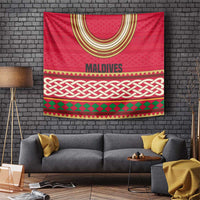 Maldives Tribal Heritage Red Tapestry with Cultural Geometric Pattern and Island Flag Print