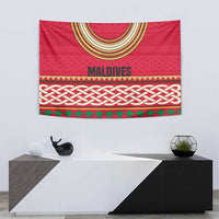 Maldives Tribal Heritage Red Tapestry with Cultural Geometric Pattern and Island Flag Print