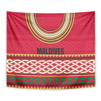 Maldives Tribal Heritage Red Tapestry with Cultural Geometric Pattern and Island Flag Print