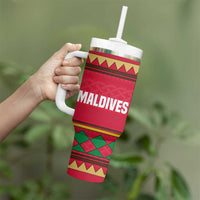 Maldives Tribal Heritage Red Tumbler With Handle with Cultural Geometric Pattern and Island Flag Print