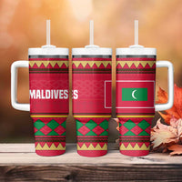 Maldives Tribal Heritage Red Tumbler With Handle with Cultural Geometric Pattern and Island Flag Print