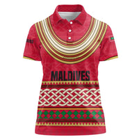 Maldives Tribal Heritage Red Women Polo Shirt with Cultural Geometric Pattern and Island Flag Print