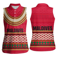 Maldives Tribal Heritage Red Women Sleeveless Polo Shirt with Cultural Geometric Pattern and Island Flag Print