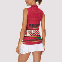 Maldives Tribal Heritage Red Women Sleeveless Polo Shirt with Cultural Geometric Pattern and Island Flag Print